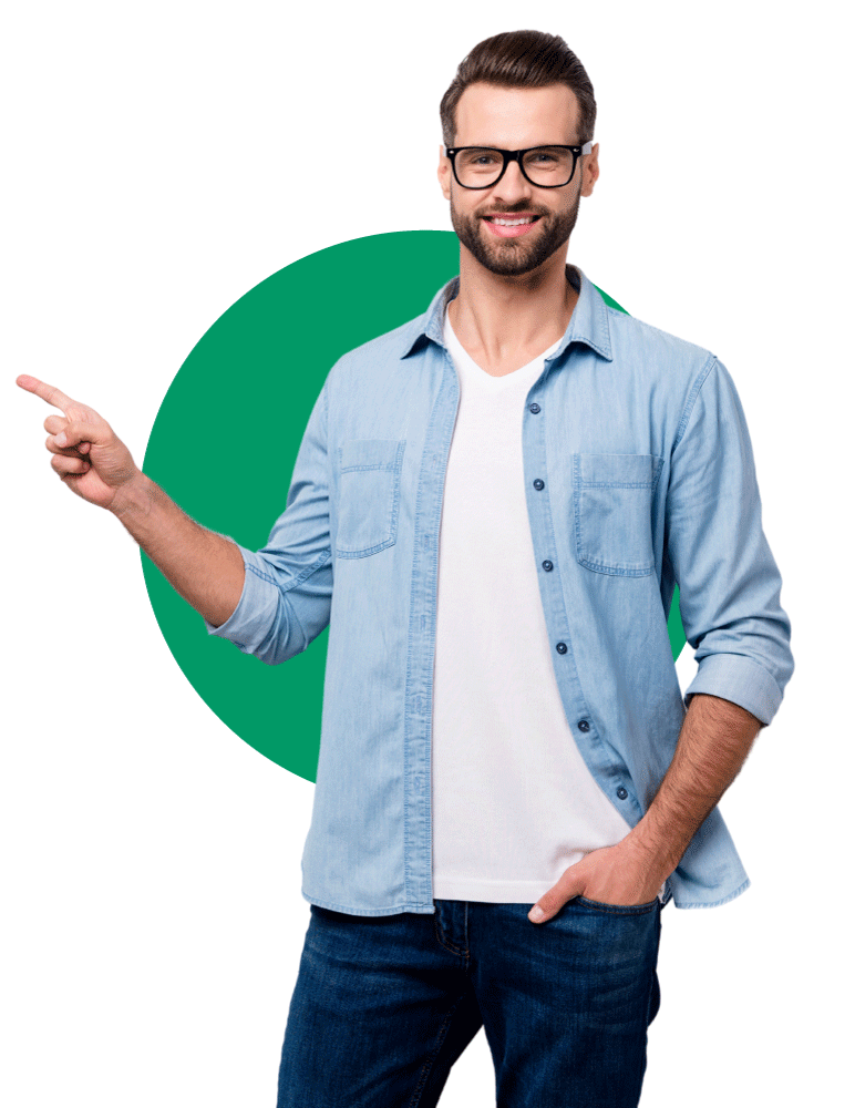 Easymize Kontaktformular Füllbild: Mann mit Brille zeigt mit dem Finger nach links/visuelle Untermalung von Inhalten