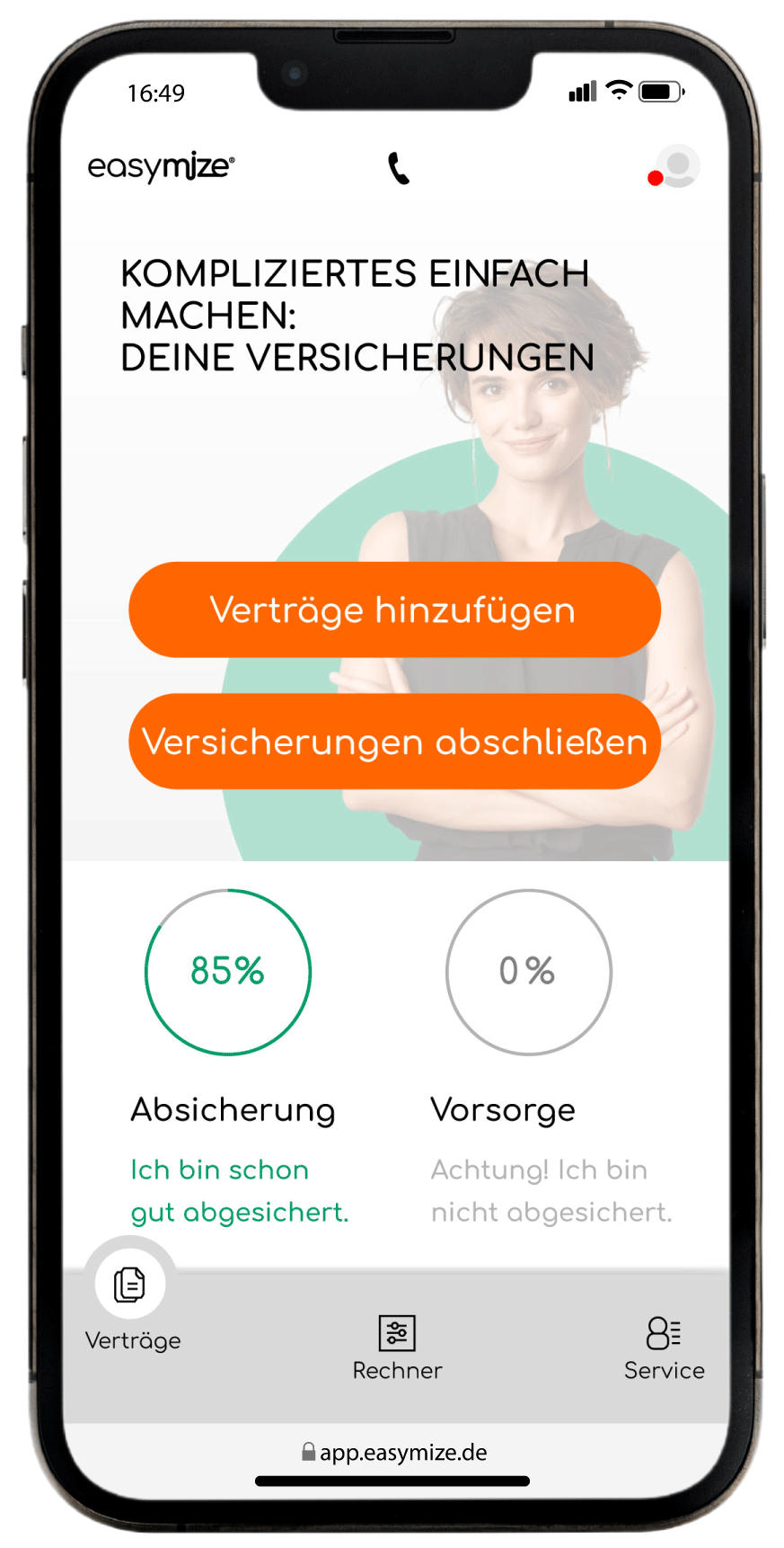 Iphone Mockup: Startseite easymize Webapp