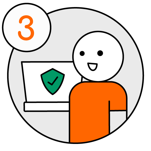 Bewegter Icon (GIF), beschriftet mit der Nummer 3. PC ist im Hintergrund sichtbar, auf dem Bildschirm blinkt ein grünes Symbol mit Haken. Männchen steht mit freudiger Mimik im Vordergrund.