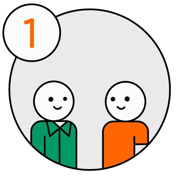 Bewegter Icon (GIF), beschriftet mit der Nummer 1. Zwei Männchen lächeln sich an und über ihren Köpfen entstehen abwechseln Sprechblasen/Andeutung eines Gesprächs.